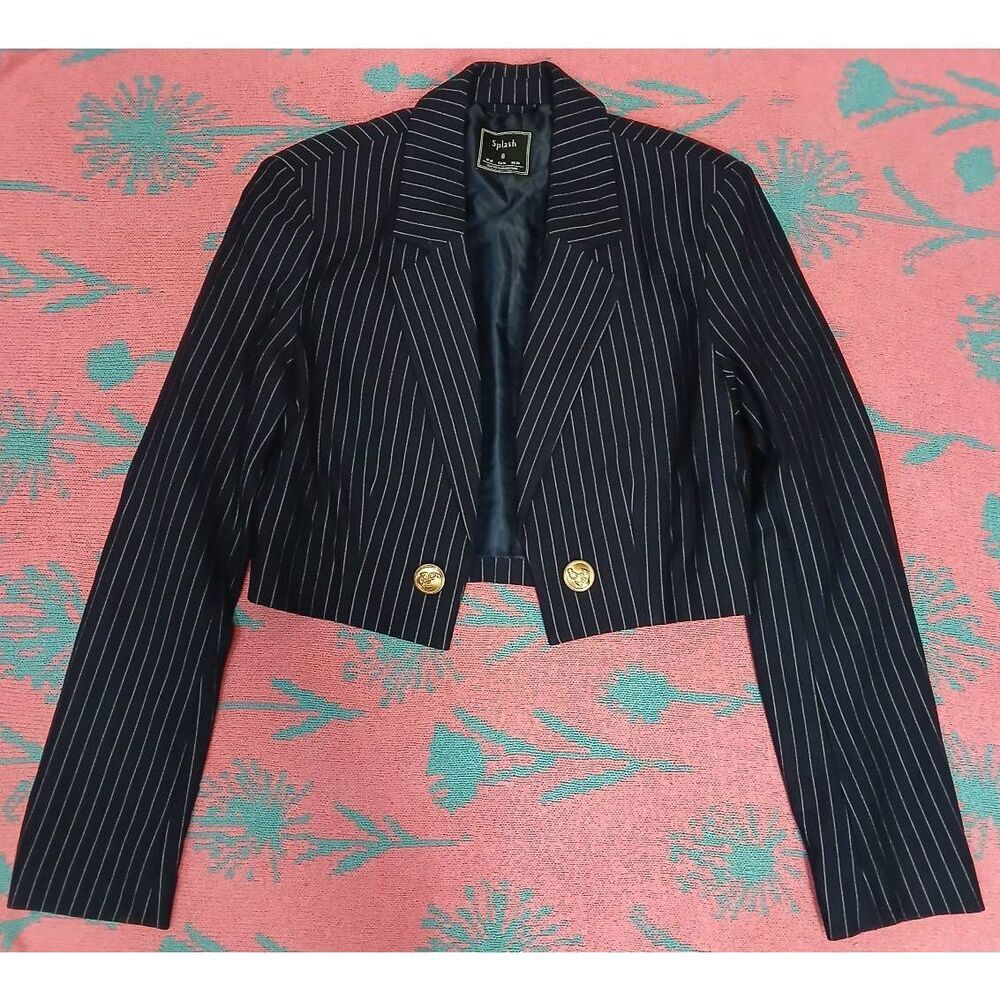 Splash womens small size 4 cropped jacket navy blue stripe viscose nylon